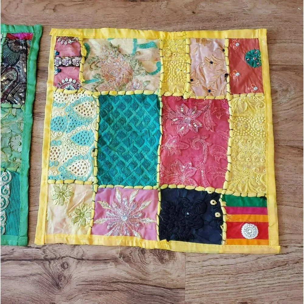 Handmade Embroidered Sequined Quilted Pillow Covers, Set of 2, Colorful Boho